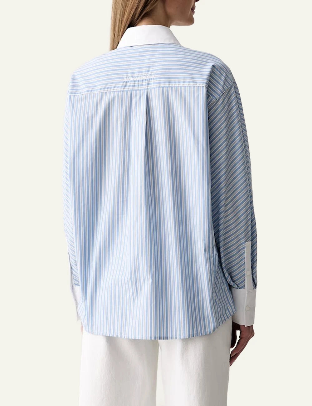 Karl Lagerfeld blue striped cotton shirt with white collar and Ikon Karl embroidery back