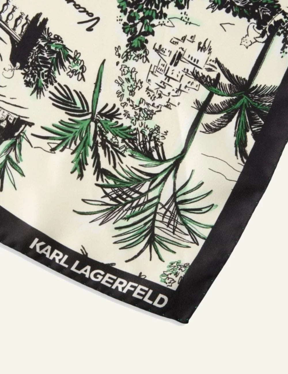 Karl Lagerfeld signature vacance silk scarf black white tropical print logo detail