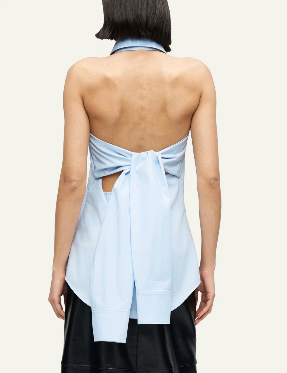 Karl Lagerfeld sleeveless poplin blouse light blue halter neck button back view