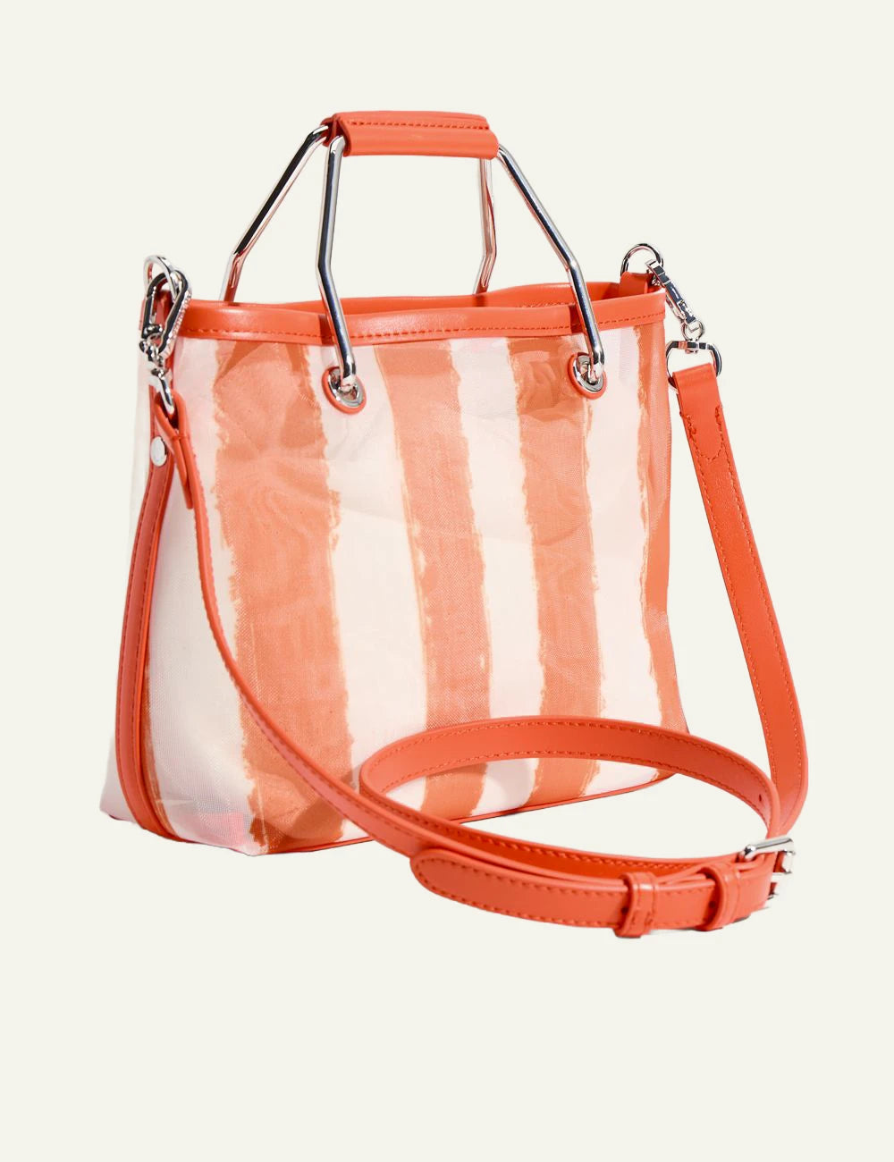 Karl Lagerfeld striped bag orange white tote metal handle back view