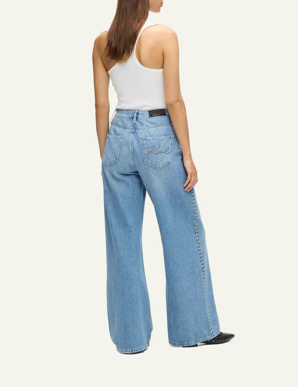 Karl Lagerfeld wide leg jeans blue denim high rise with gunmetal studs back view