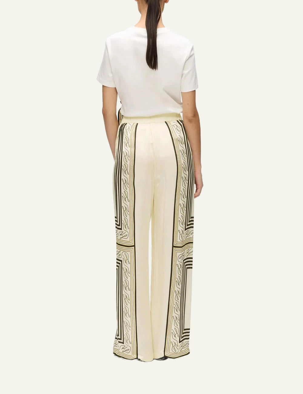 Karl Lagerfeld wide leg pants autograph print beige elastic waist split hem back view