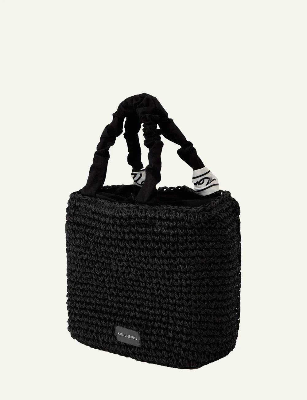 Karl Lagerfeld woven beach bag black scarf handles Karl logo back view