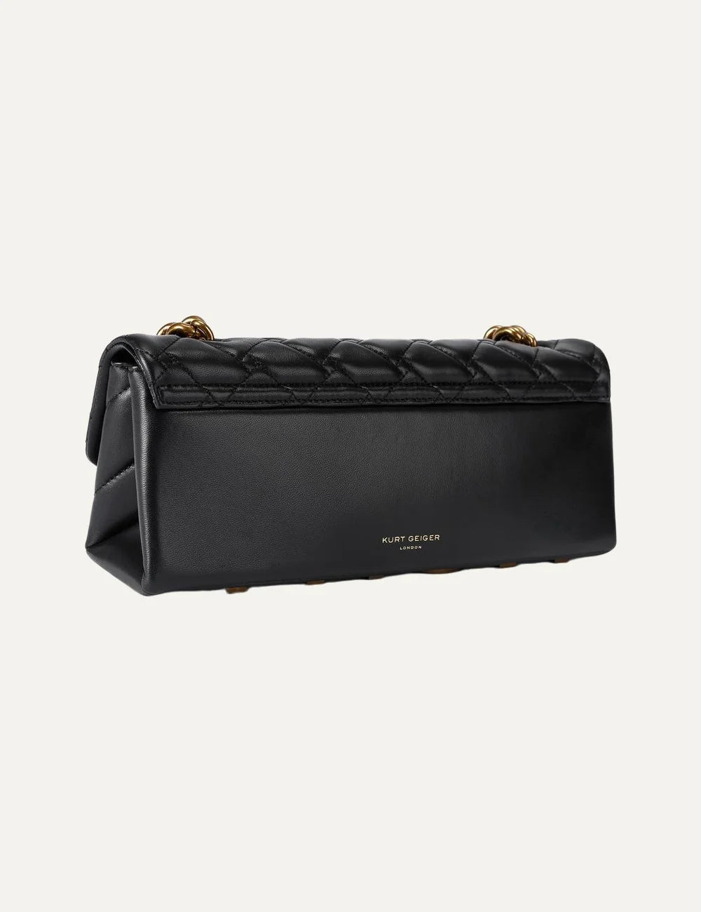 Kurt Geiger women's black leather Kensington East West bag with quilted design, black eagle head and two-tone chain strap back