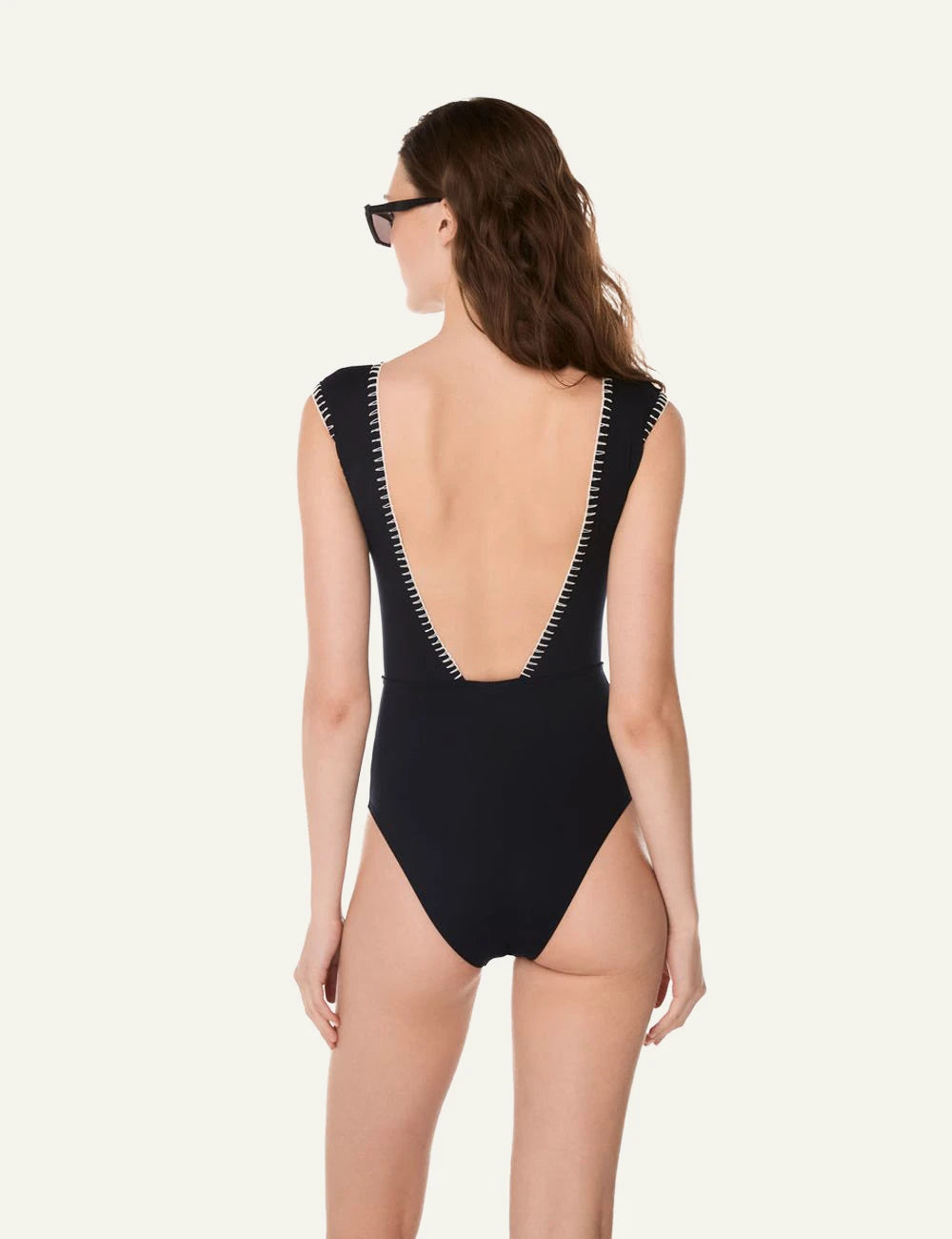 Khione CORAL one piece swimsuit black ivory embroidery cross body straps back view
