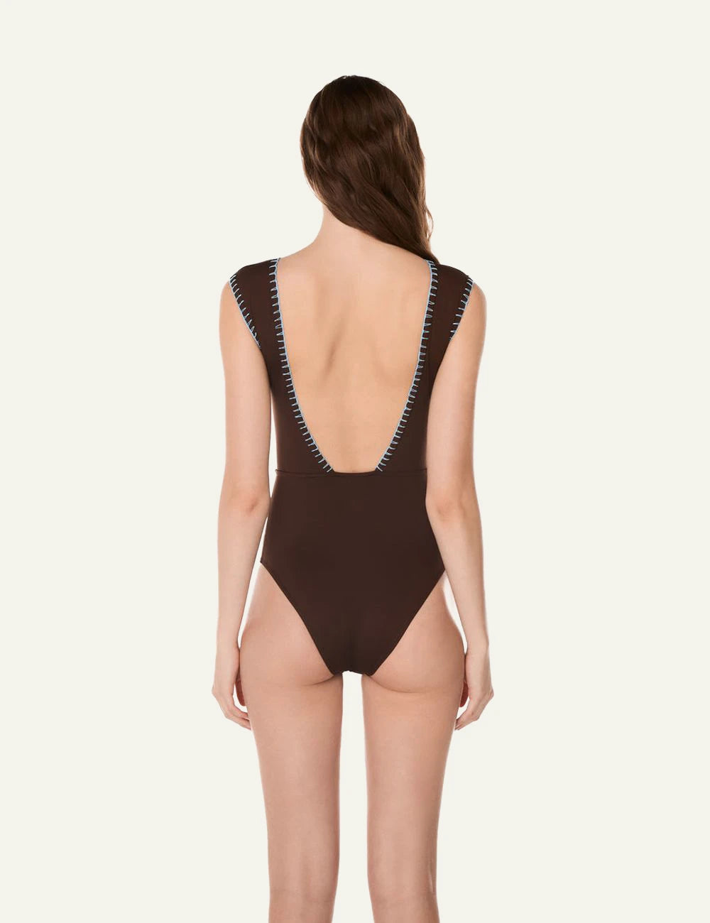 Khione CORAL one piece swimsuit brown sky blue embroidery cross body straps back view