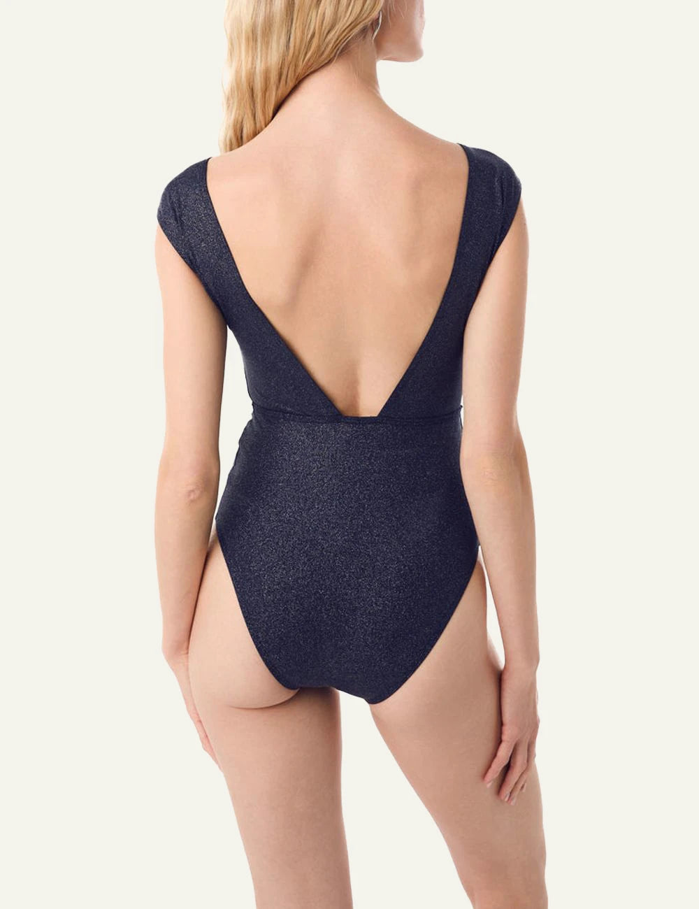 Khione CORAL one piece swimsuit navy blue sparkle cross body straps model back view