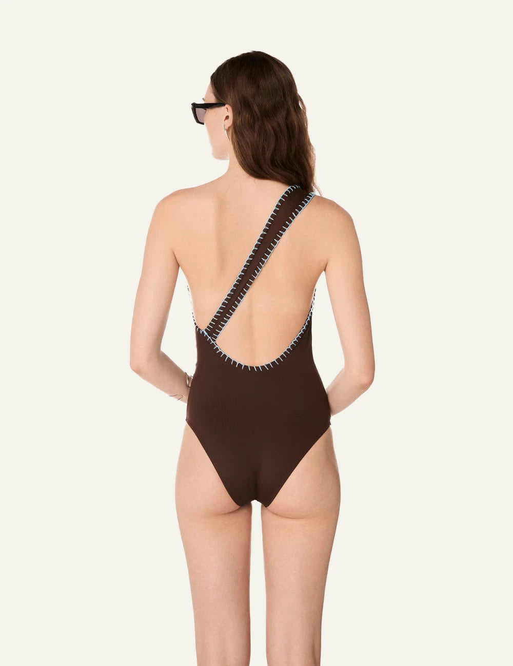 Khione TERRA one piece swimsuit brown one shoulder sky blue embroidery back view