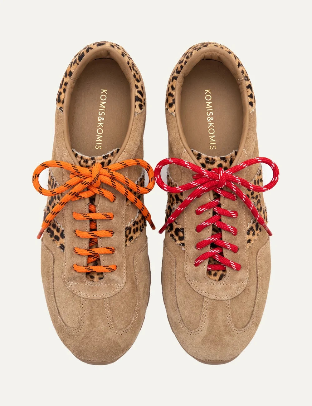 Komis & Komis women's beige suede sneakers with leopard print and colorful laces top