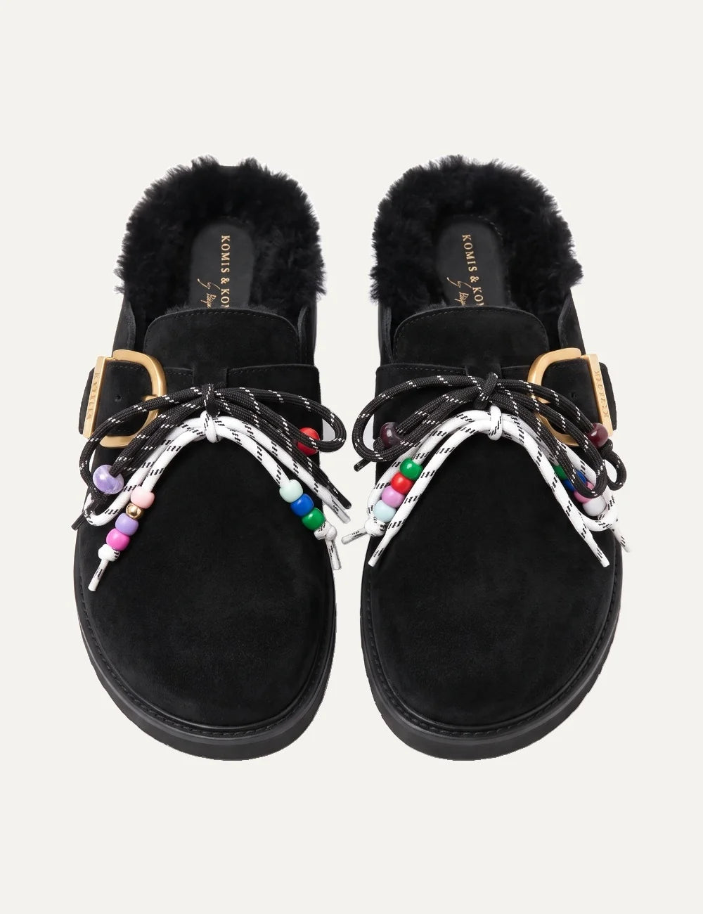 Komis & Komis women's black suede fur-lined clogs with gold buckle top
