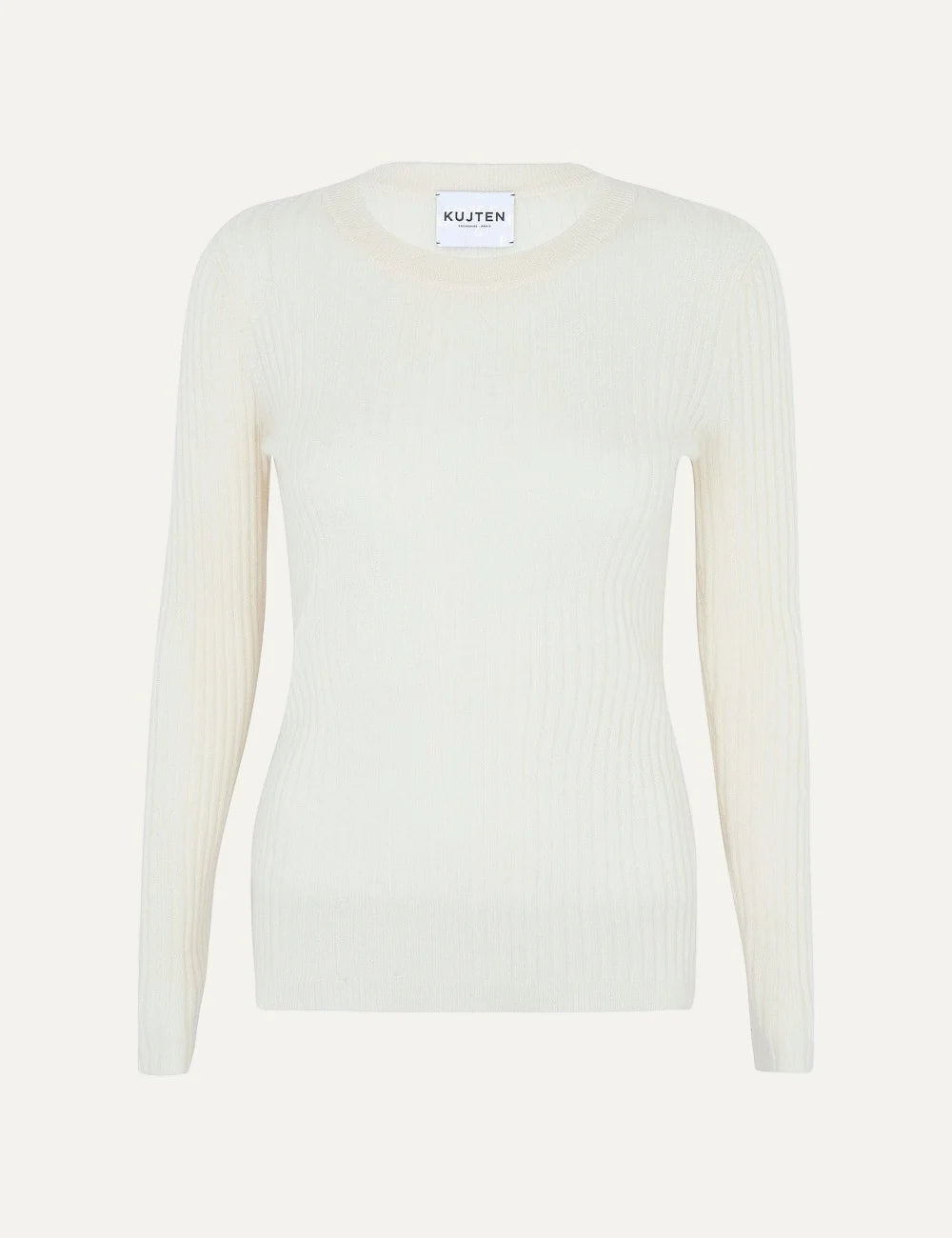Kujten women Bibi white cashmere ribbed crew neck sweater with long sleeves