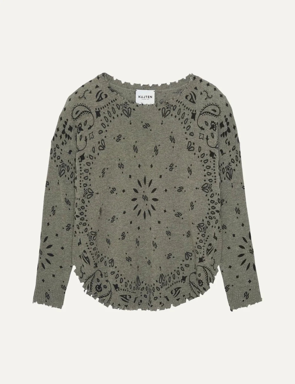 Kujten women Mela Bandana khaki melange cashmere sweater with black bandana print