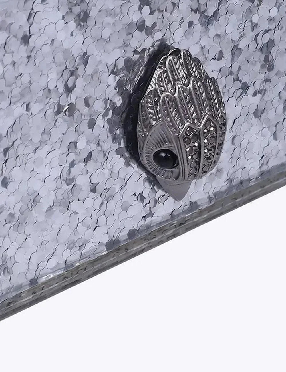 Kurt Geiger Party Eagle Clutch silver glitter close-up με eagle head logo