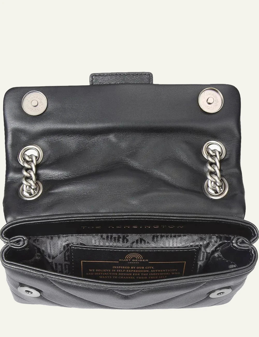 Black quilted leather Kurt Geiger crossbody bag with silver chain strap and eagle head clasp top