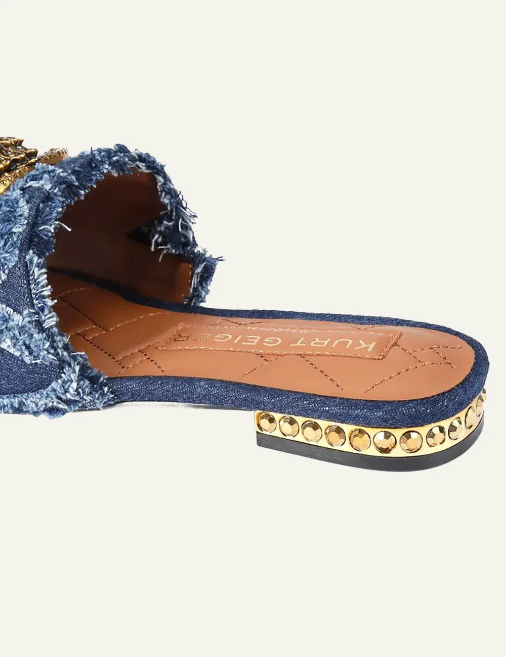 Kurt Geiger Chelsea flat sandal denim blue frayed detail eagle head back view