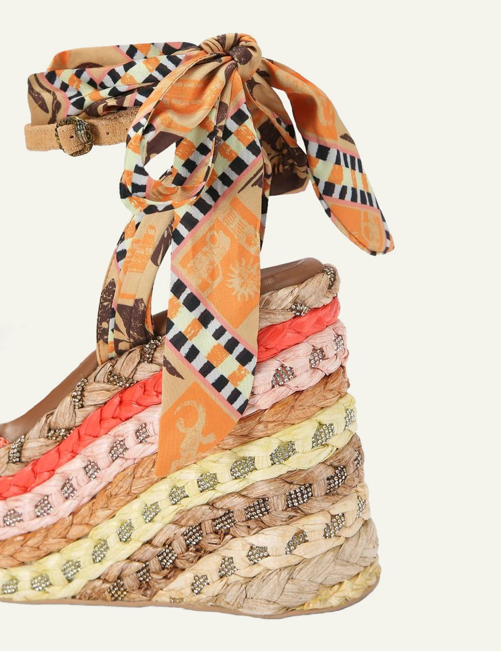 Kurt Geiger Chelsea wedge heels mustard suede raffia platform scarf ankle back view