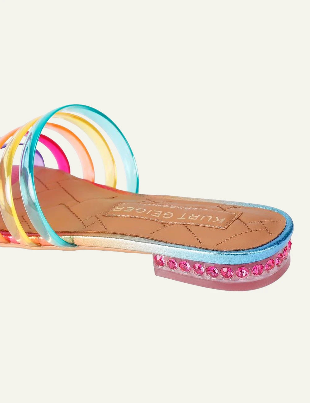 Kurt Geiger jelly strap mule rainbow transparent straps pink crystal heel back view