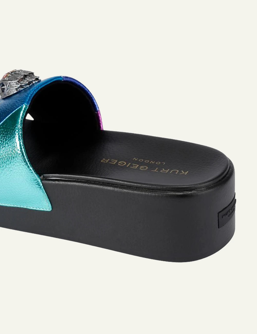 Kurt Geiger Meena eagle platform sandal rainbow metallic strap black sole back view