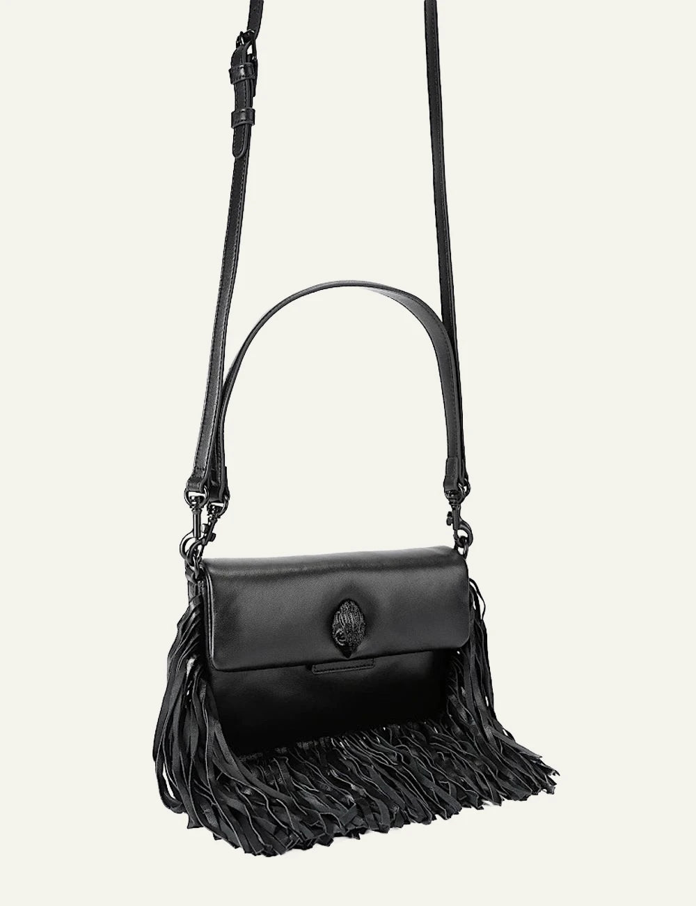 Black leather Kurt Geiger Small Oxford Fringe shoulder bag with black eagle head detail and leather fringe side