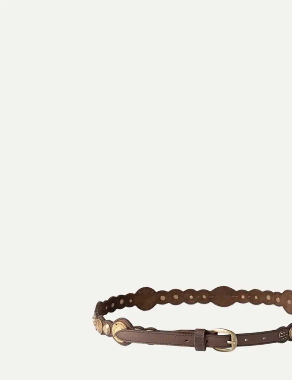 Biba women's brown leather belt with scalloped leather detailing, antique gold-tone circular embellishments and a matching metal buckle full
