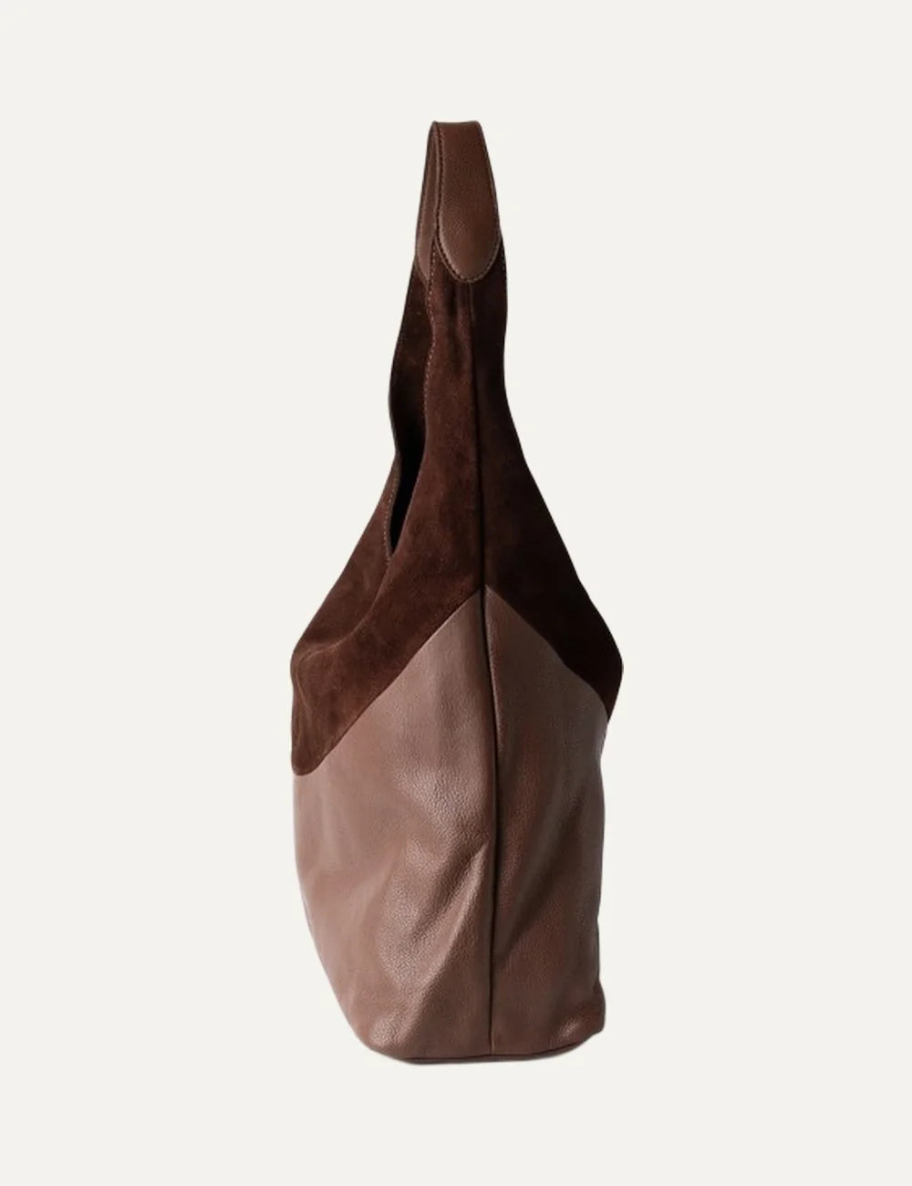 Biba Ethel women's two-tone brown leather hobo shoulder bag combining dark brown suede and smooth leather with a slouchy silhouette and wide shoulder strap side