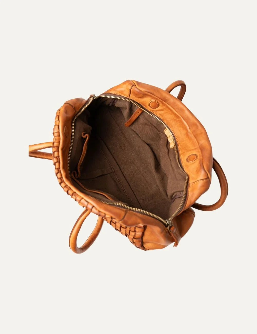 Biba Kansas tan brown leather baguette shoulder bag with handwoven texture, long handles and zip closure top