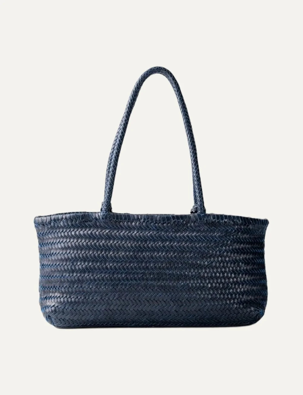 Biba Perkins blue woven leather baguette shoulder bag with elongated silhouette, braided handles, leather tassel and logo tag back