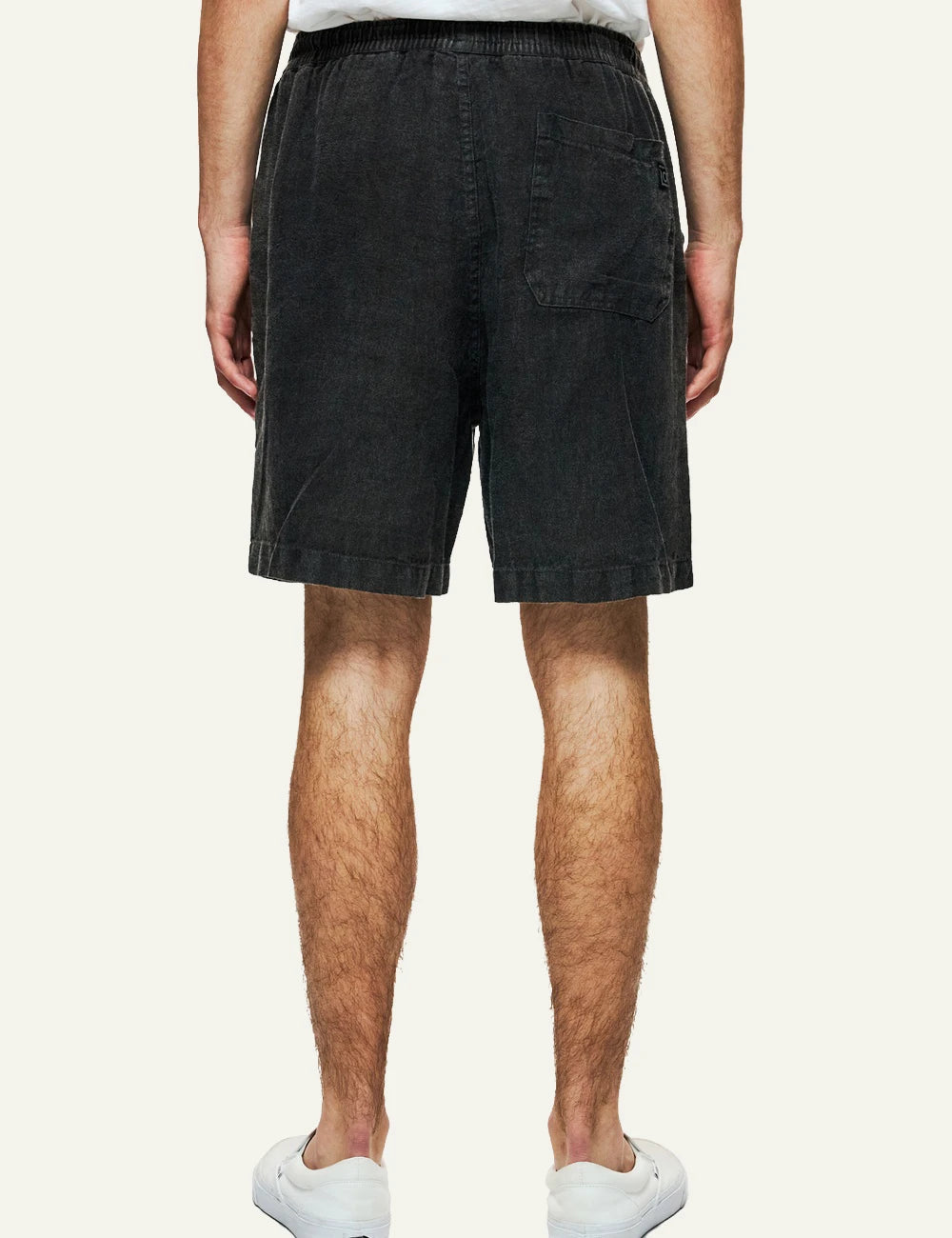 black linen bermuda shorts elastic waist drawstring relaxed fit back model view