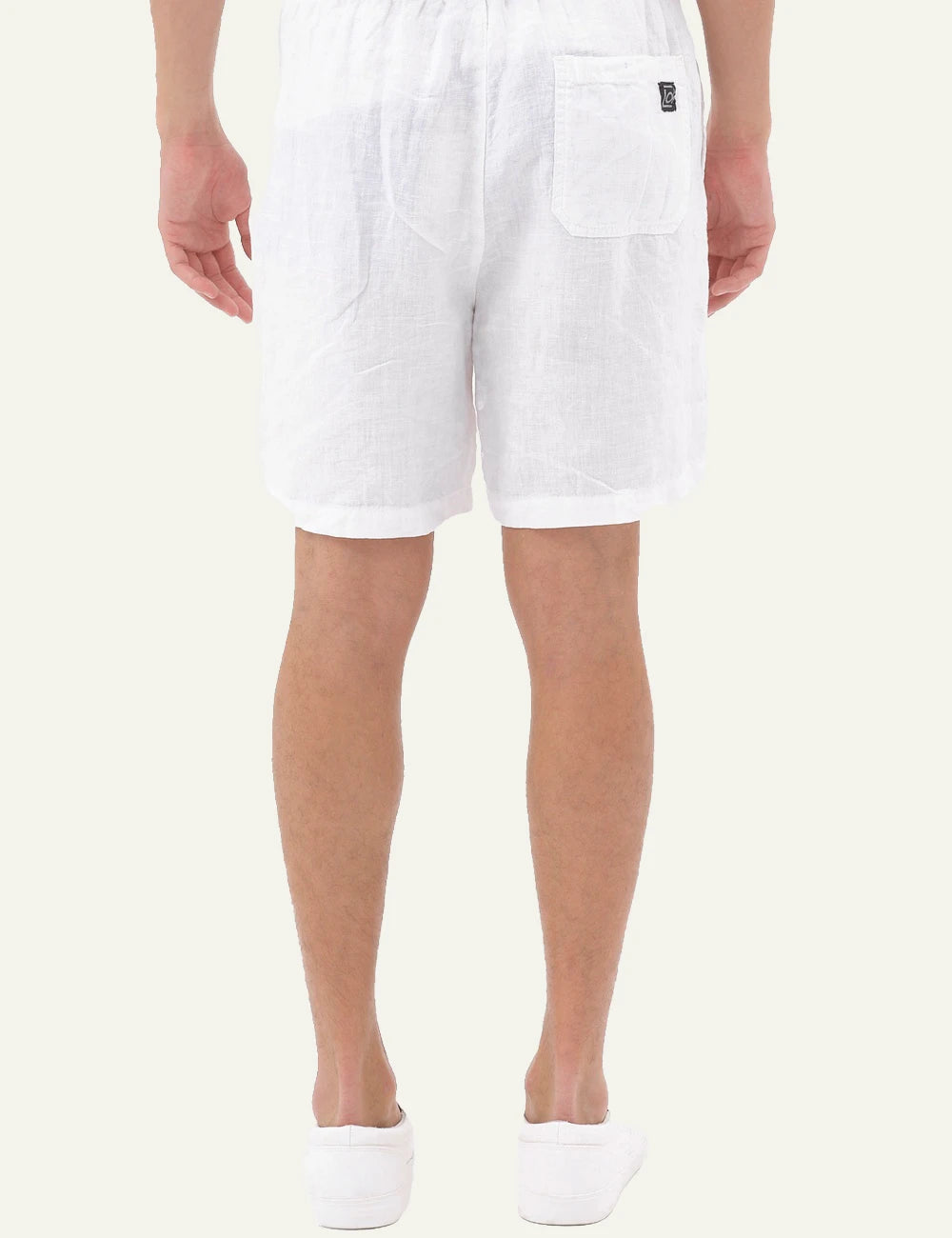 white linen bermuda shorts elastic waist drawstring relaxed fit back model view