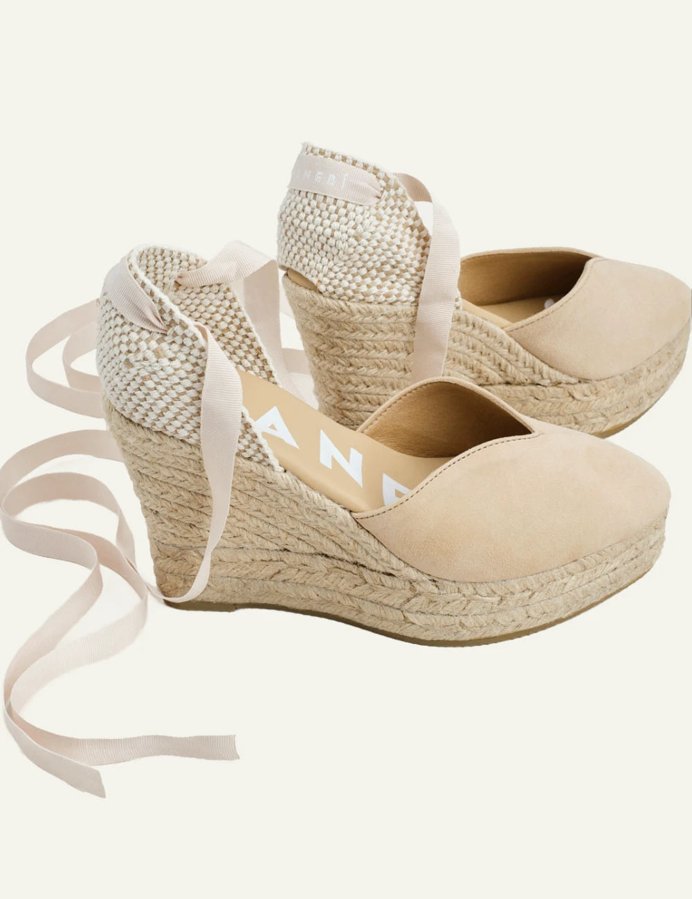 Manebi wedges espadrilles champagne beige suede platform ankle ties jute heel profile detail view