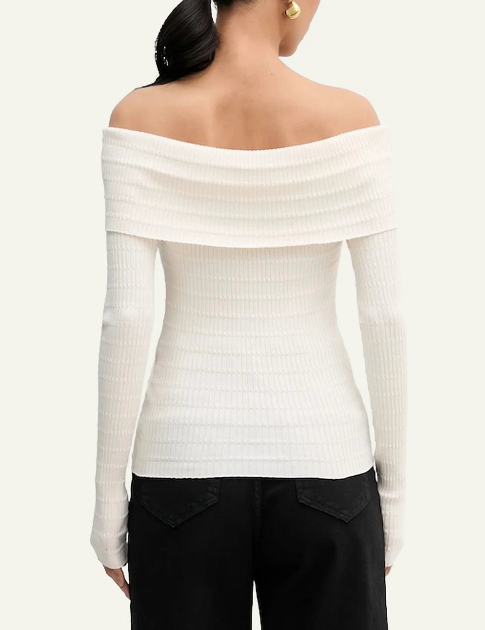 Marella off_shoulder knit_top white ribbed long_sleeve fitted back model view