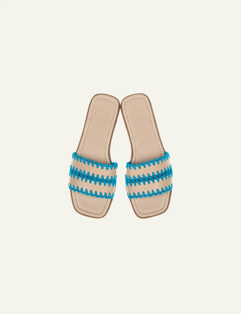 Marietta Chrousala sandals beige leather turquoise crochet straps top