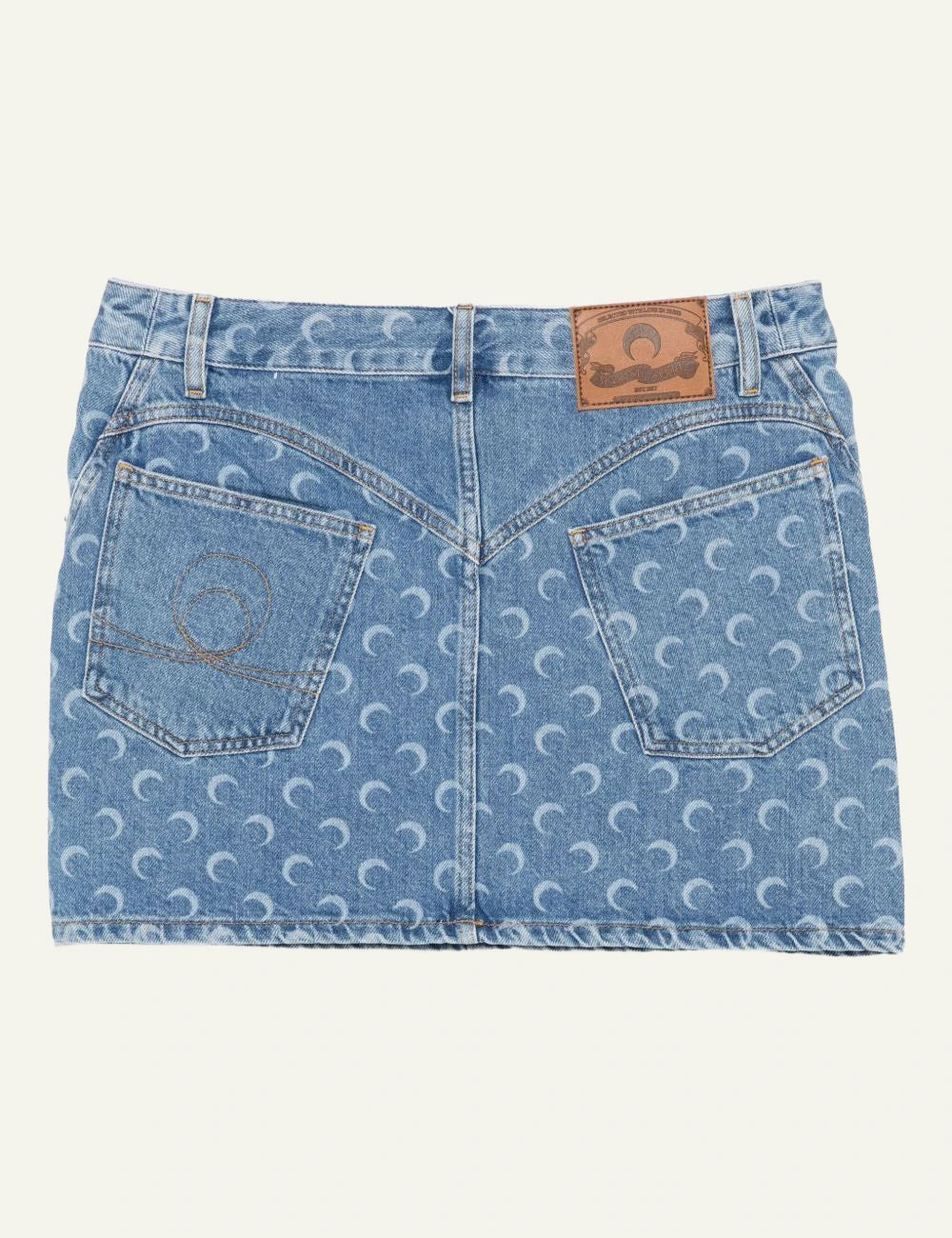Marine Serre blue denim mini skirt me crescent moon print back view