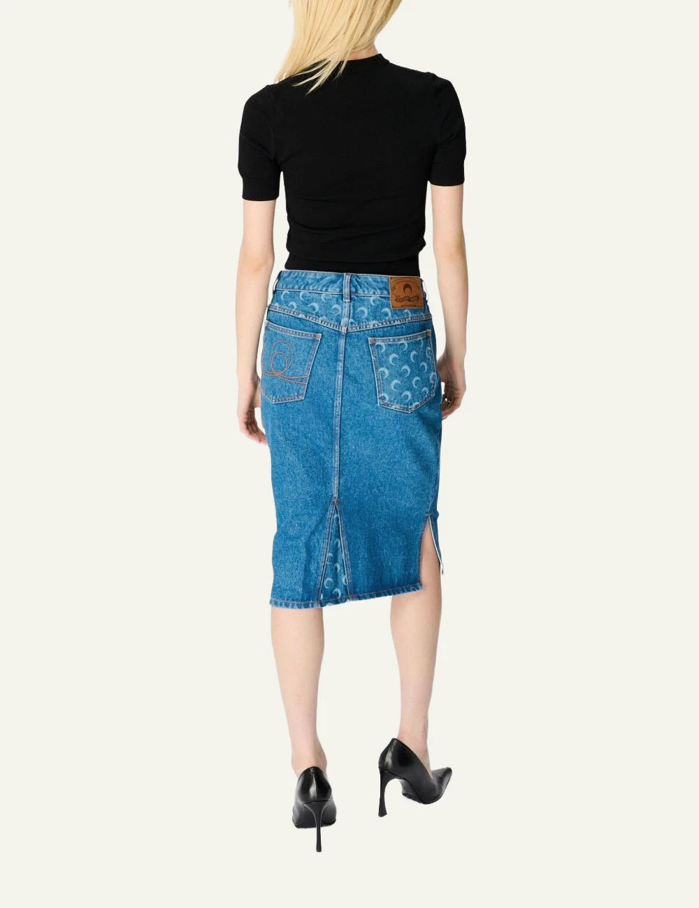 Marine Serre light blue denim midi skirt me crescent moon pattern back view