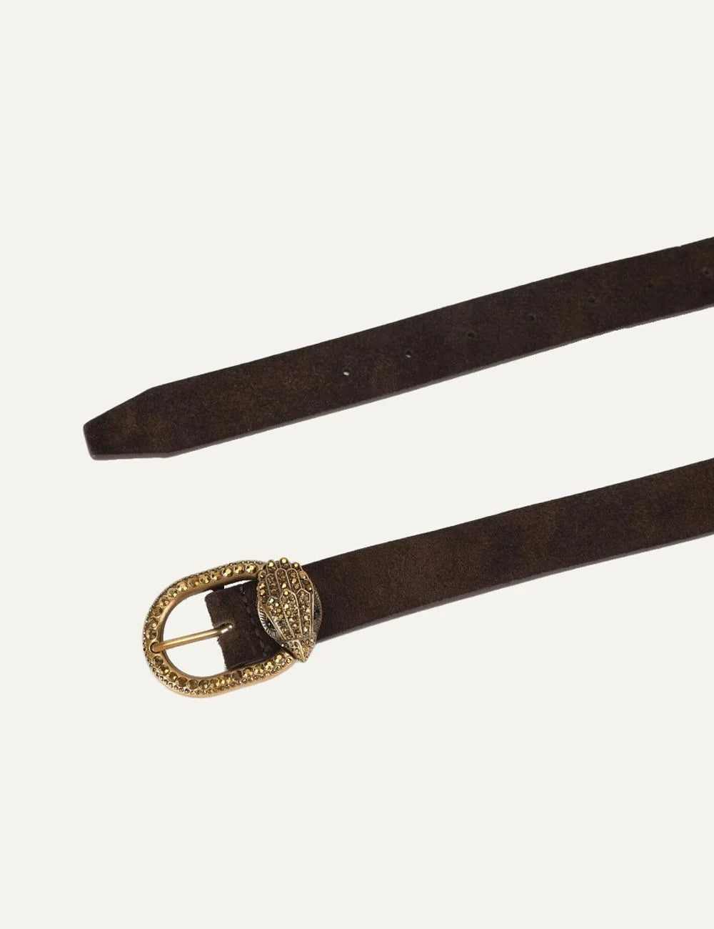 Kurt Geiger women's Mayfair 30 brown suede leather belt featuring an antiqued gold-tone oval buckle embellished with crystals and the signature crystal-encrusted eagle head emblem detail
