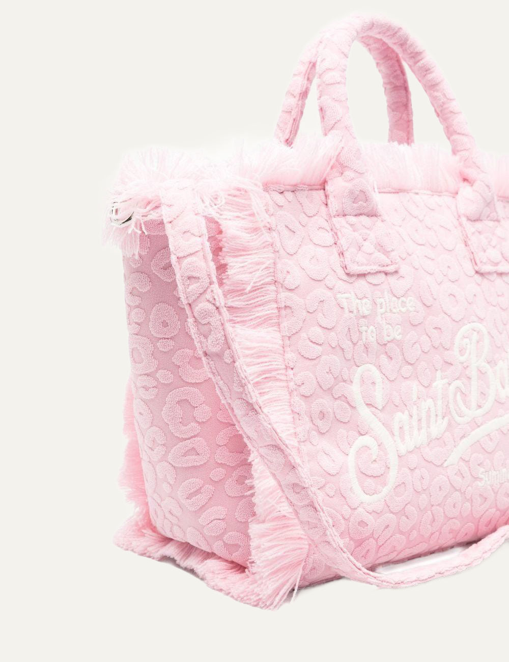mc2 saint barth pink leopard tote bag fringes detail front detail view
