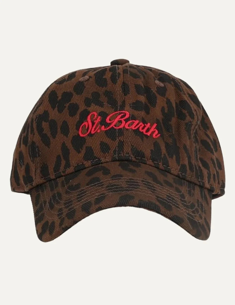 MC2 Saint Barth brown cotton baseball cap with black leopard print, red embroidered logo and curved visor front