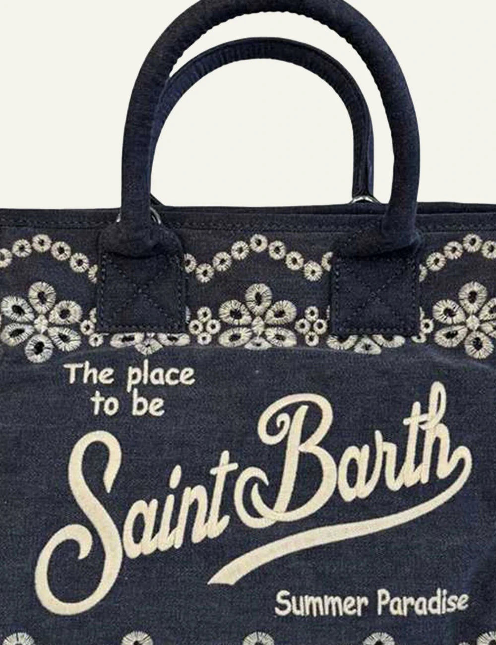 Mc2 Saint Barth Colette volant denim bag dark blue embroidery front detail view