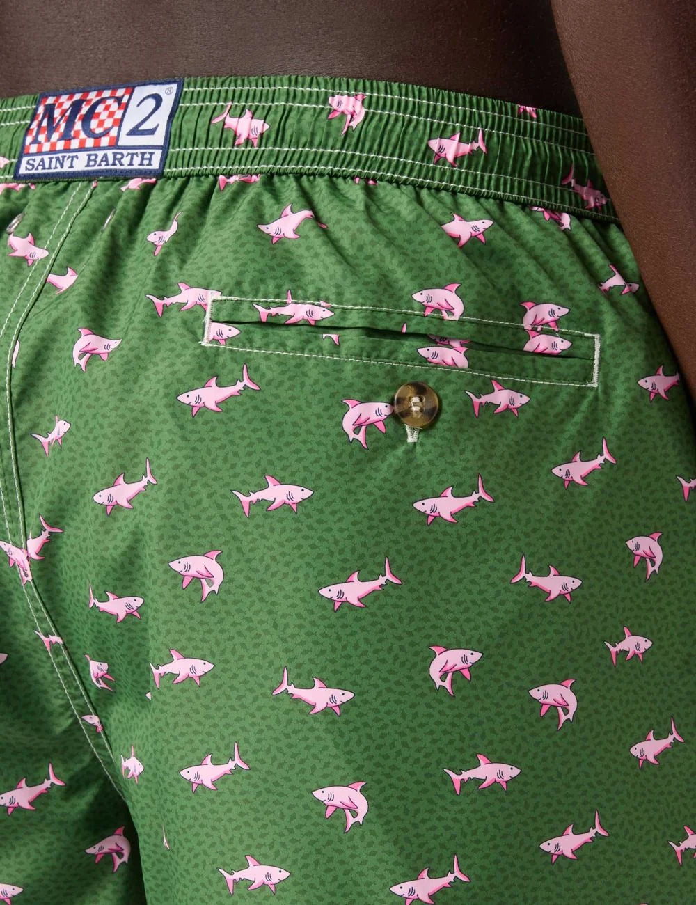 MC2 Saint Barth Lighting Micro swim shorts pink sharks print green back detail