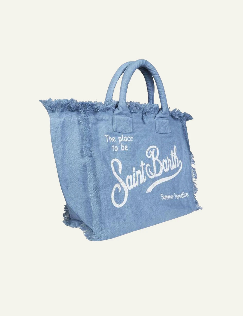 MC2 Saint Barth tote bag blue canvas logo fringed edges side view