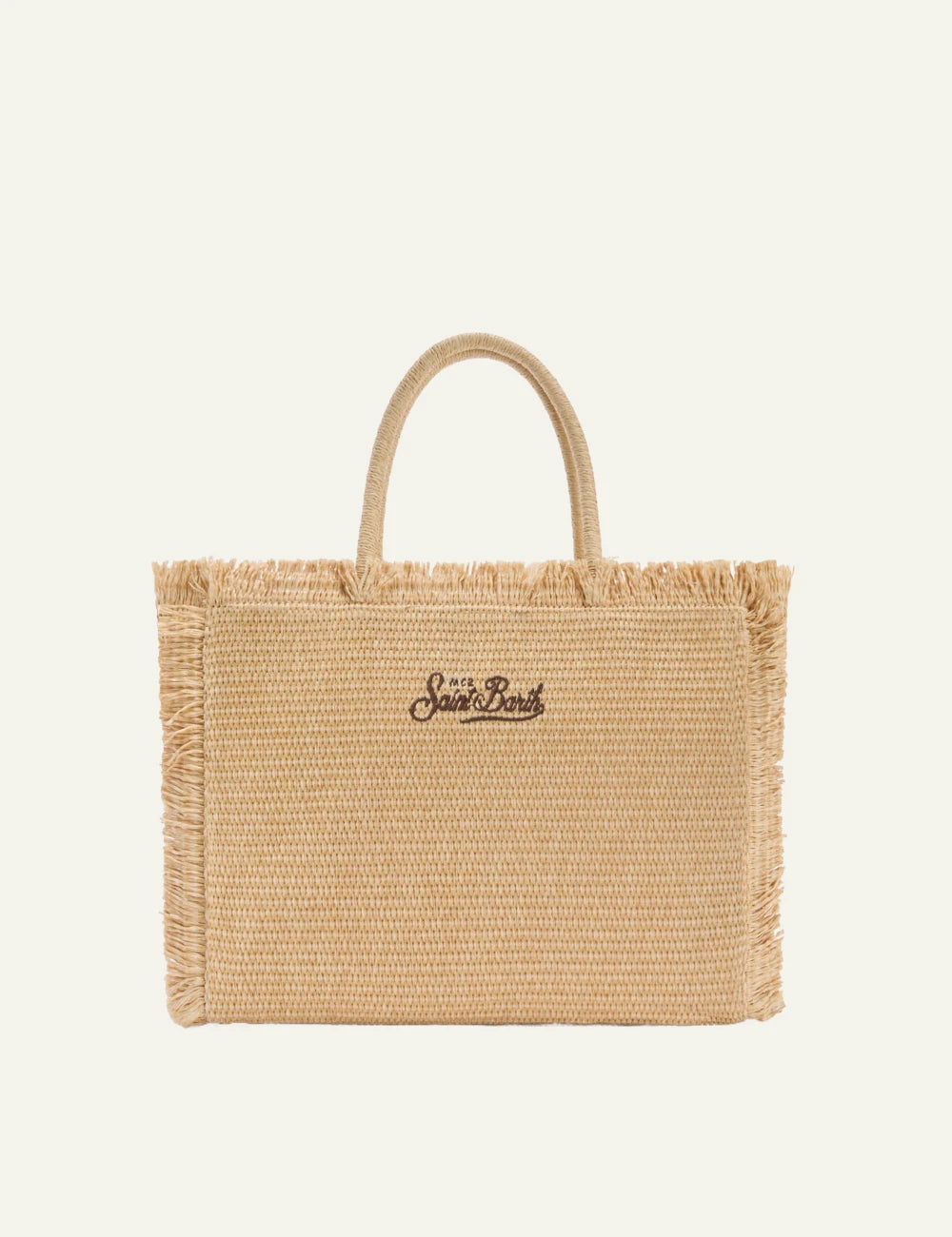 mc2 saint barth vanity straw tote beige palm embroidery fringed logo back view