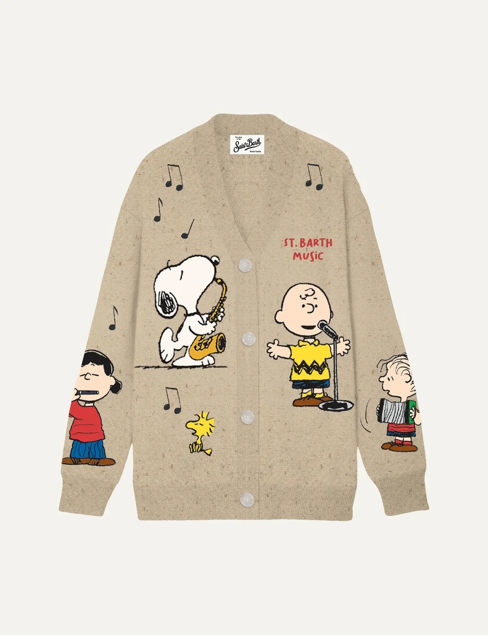 Mc2 Saint Barth beige knitted cardigan with Snoopy playing saxophone, Charlie Brown singing, Peanuts characters, musical notes and front buttons
