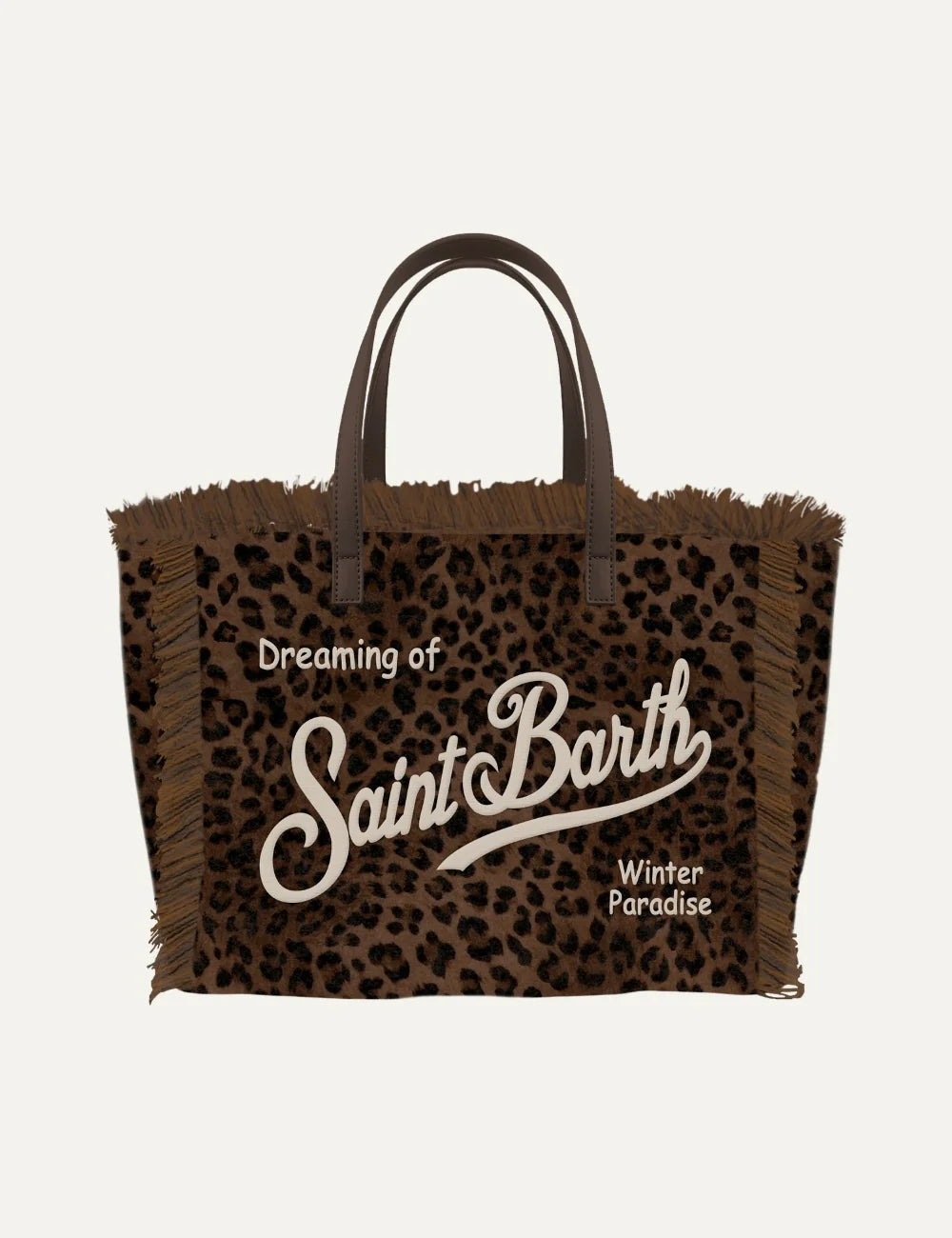 Women's MC2 Saint Barth brown leopard print shoulder tote bag with fringed edges, Dreaming of Saint Barth Winter Paradise lettering and long handles