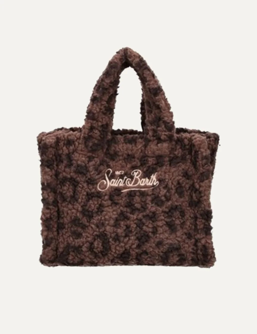 Women's MC2 Saint Barth Mini Vanity bag in brown teddy fabric with embroidered Dreaming of Saint Barth lettering, double handles and adjustable shoulder strap back