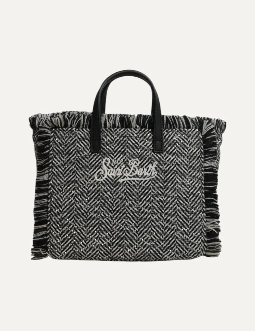 Women's MC2 Saint Barth Vanity Mini bag in black and white herringbone wool with rhinestone details, fringed edges, embroidered lettering and double handles back