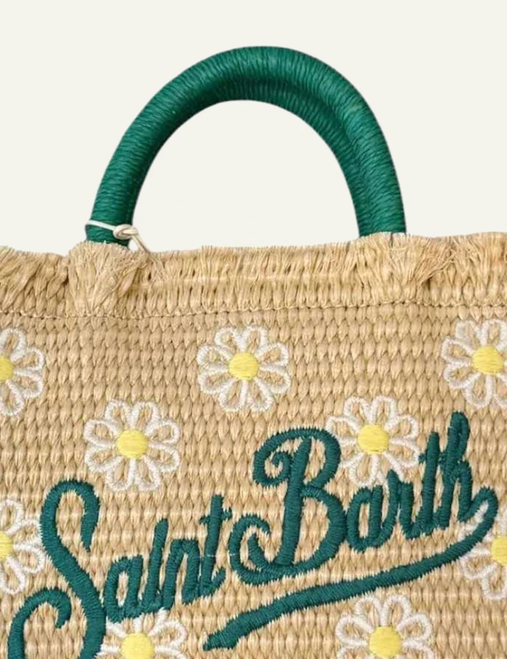 MC2 St Barth vanity mini straw bag daisy embroidery green handle front detail view