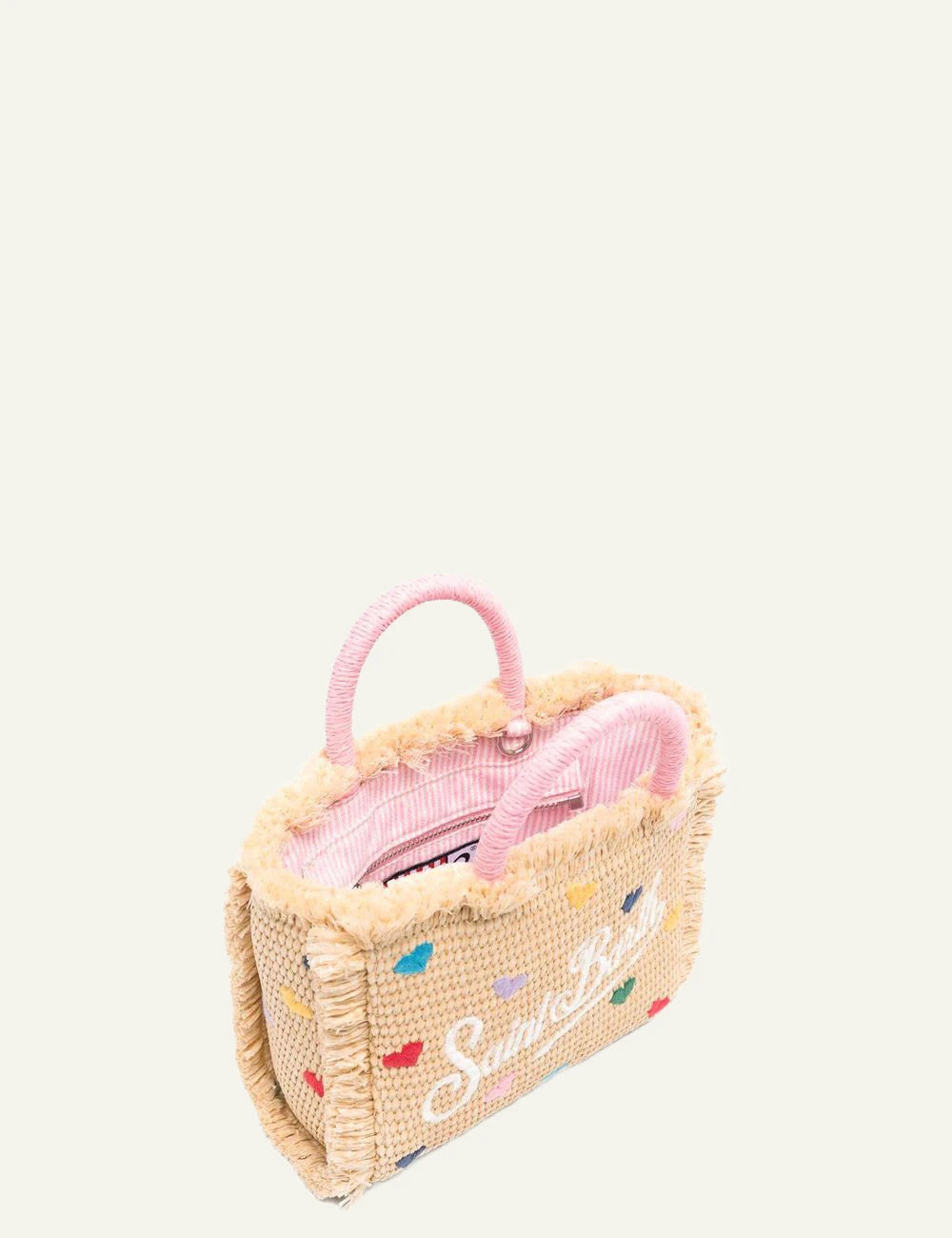 MC2 St Barth vanity mini straw bag hearts embroidery pink handle top view