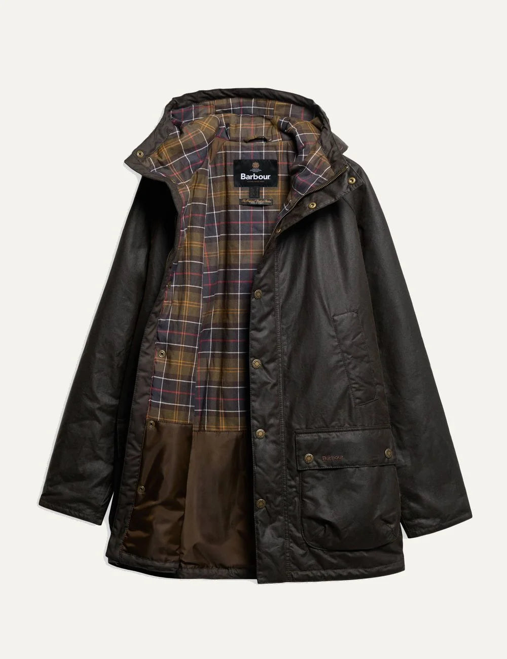 Men's Barbour Bedale dark olive waxed cotton parka with fixed hood, tartan lining, storm placket and bellow pockets product shot