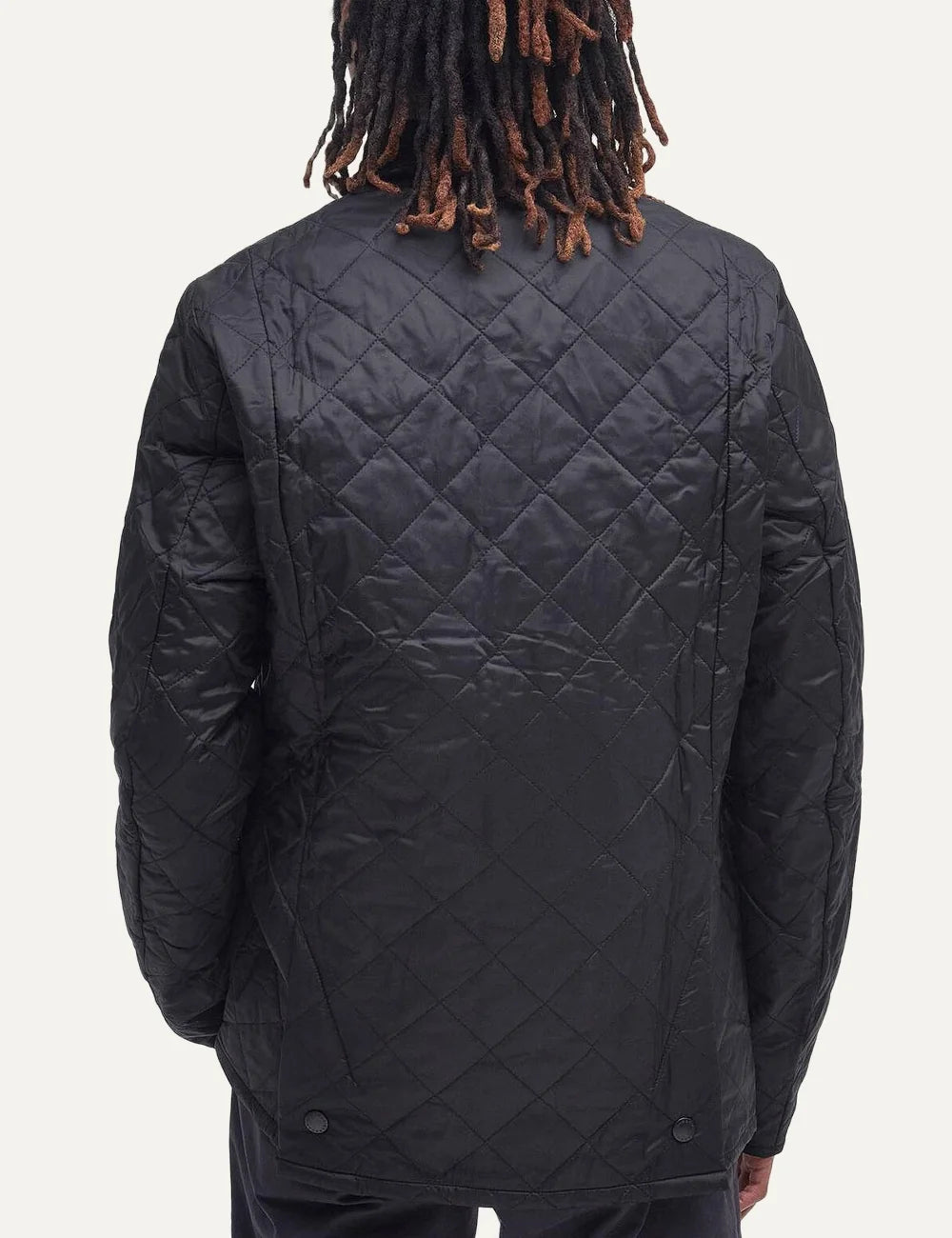 Men's Barbour Heritage Liddesdale dark grey diamond quilted jacket with corduroy collar, snap fastening and patch pockets back view