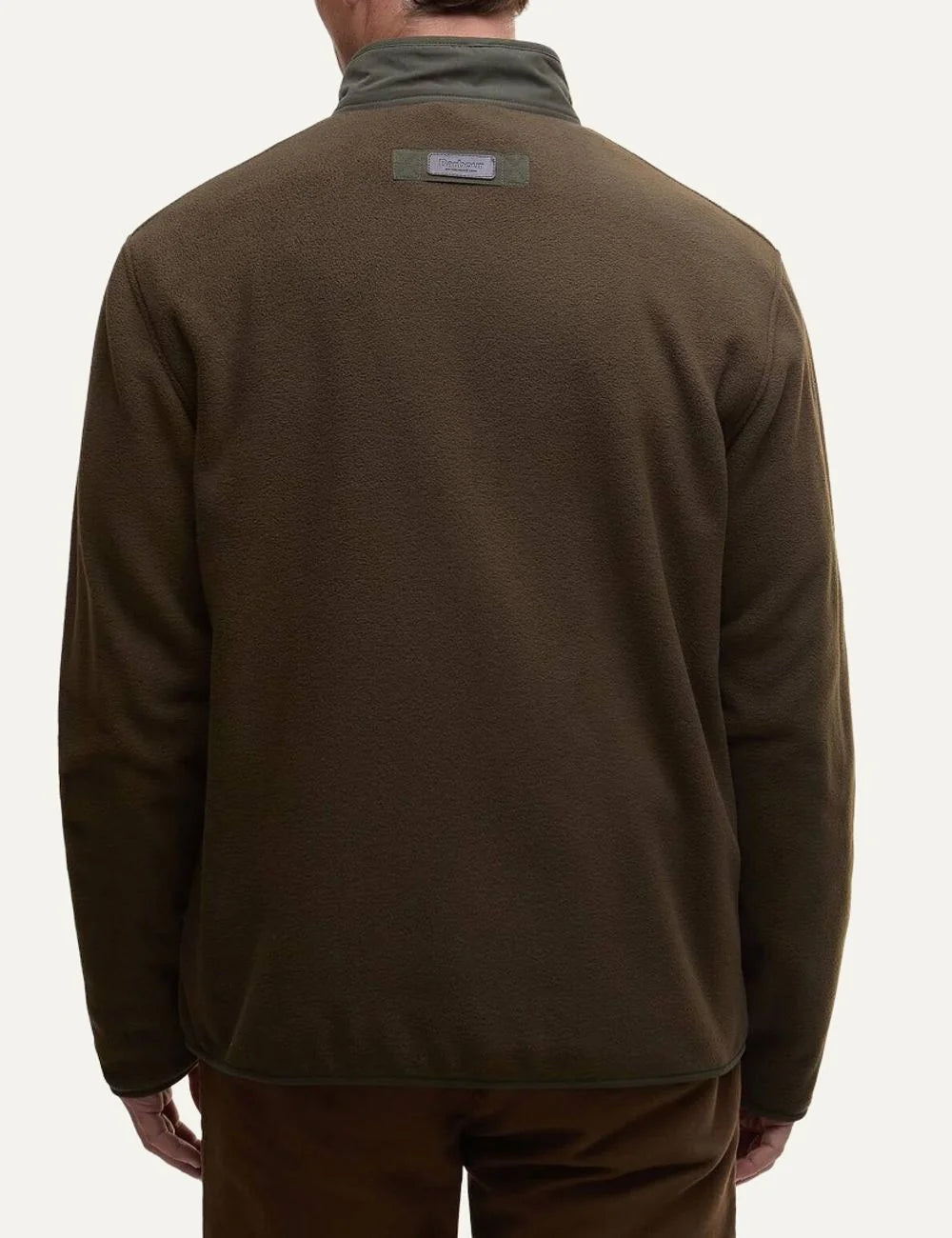Men's Barbour Lowich fleece jacket in olive brown with stand collar, two-way zip and contrasting quilted pockets back view